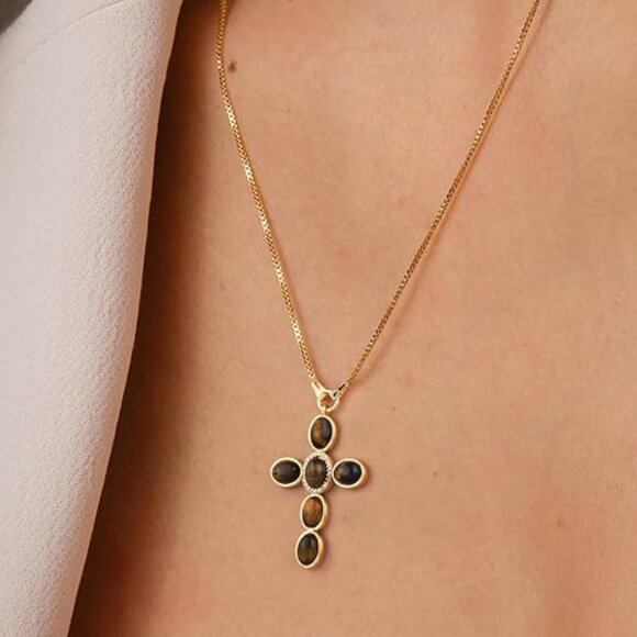 Neiman Marcus 18k Gold Plated Tiger Eye Cross Necklace - Picture 2 of 4